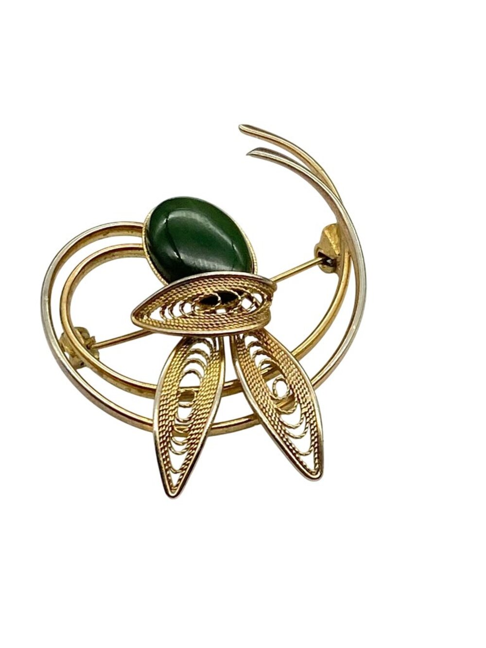 Vintage Jade Cabochon Brooch with Filigree Gold Tone, Elegant MCM Pin